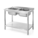Tavolo con 2 lavelli e ripiano – bullonato, profondità 600 mm, HENDI, Profi Line, 1000x600x(H)850mm