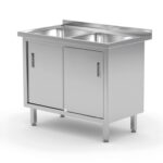Tavolo con 2 lavandini, armadio – saldato, con porte scorrevoli, HENDI, Profi Line, 1000x600x(H)850mm
