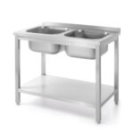 Tavolo con 2 lavelli e mensola, imbullonato, HENDI, Kitchen Line, due lavelli, 1000x600x(H)850mm