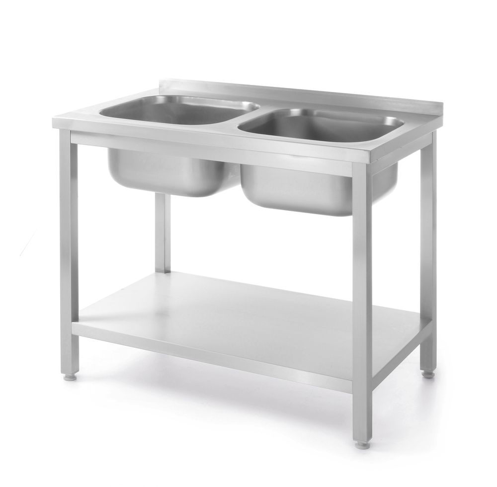 817032 Tavolo con 2 lavelli e mensola, imbullonato, HENDI, Kitchen Line, due lavelli, 1000x600x(H)850mm - immagine 1